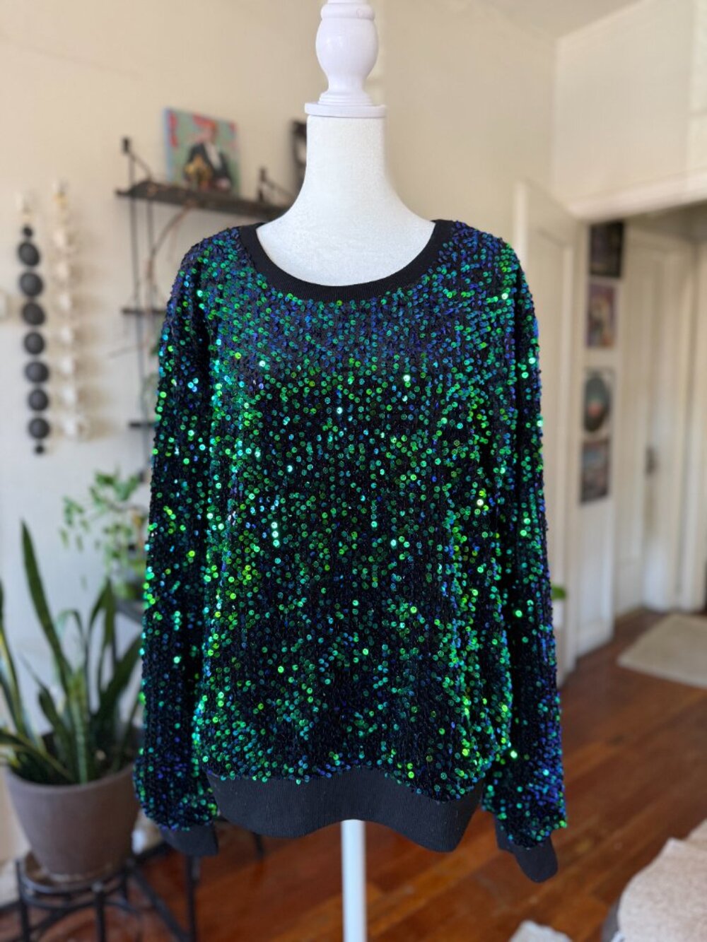 Anthropologie Sequin Velvet Sweatshirt Black Green Blue XL NWT Holiday Party Top